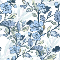 Chinoiserie inspired. Vintage floral illustration. Blue and white