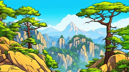 cartoon illustration  Pine covered peaks and ancient villages