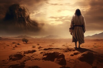 Jesus is tempted in the desert by the devil - obrazy, fototapety, plakaty