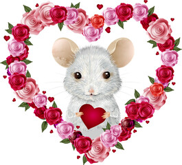 weiße Maus mit Rosen Herz zum Valentinstag