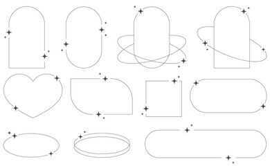 Set of geometric aesthetic abstract line frames and shapes with stars boho, brutalism, Y2K style. Geometric elements with sparkles for template design social media, poster, banner, logo, stickers