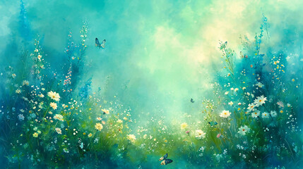 Summer Meadow with Blooming Flowers, Floral Nature Background, Colorful and Bright Plant Life,...
