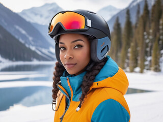 Fototapeta na wymiar Portrait of a beautiful black young woman skiing with a helmet outdoors in the winter snowy season
