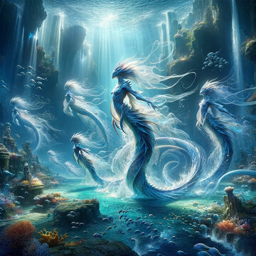 Fantasy water creatures in an underwater landscape