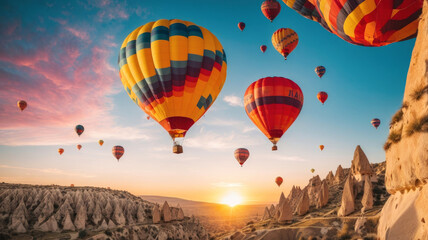 Colorful hot air balloons in sky flying over Cappadocia tourist site