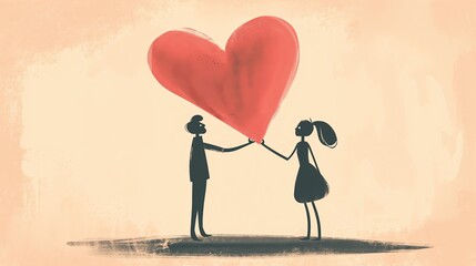 Illustration Valentine's Day. A girl and a boy are passing a red heart