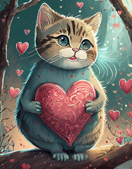 Valentine's day funny image with a cute cat. Generative AI.