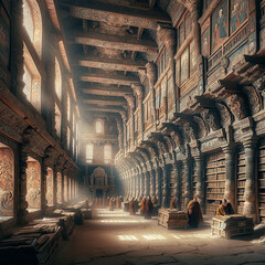 A majestic ancient library in a hidden mountain monastery
