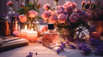 テーブルの上の香水と花 - obrazy, fototapety, plakaty