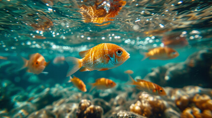 Fototapeta na wymiar Fish swimming in a ocean, Fish in the sea with clear water