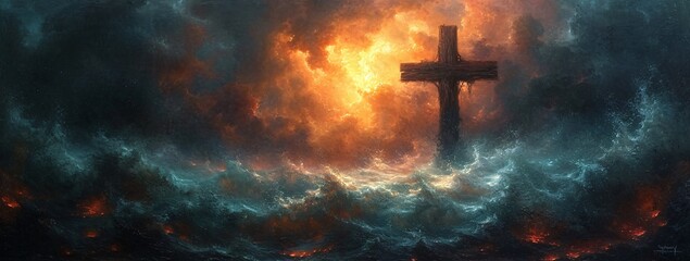 Cross in the Ocean: A Surreal Painting of the Cross in the Ocean Generative AI - obrazy, fototapety, plakaty
