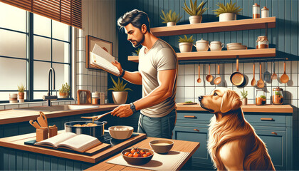 Illustration of a man cooking dinner with his dog watching eagerly - obrazy, fototapety, plakaty