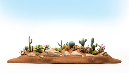 Tiny desert and cactus on white background