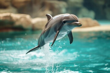smiling dolphin in blue water, dolphin and human