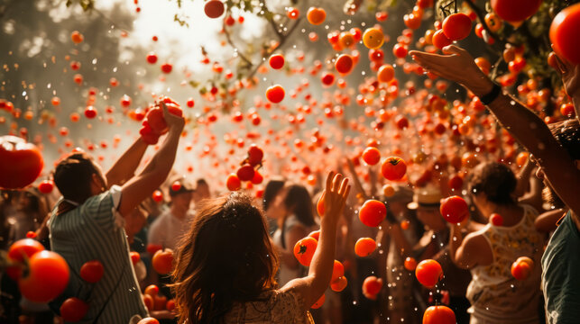 Tomato festival Tomatina people are having fun in tomatoes a cheerful mood