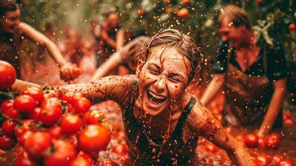 Tomato festival Tomatina people are having fun in tomatoes a cheerful mood - obrazy, fototapety, plakaty