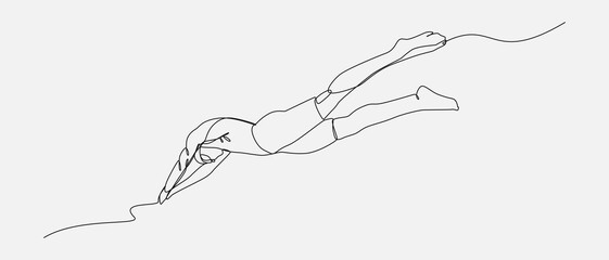 swimmer jumping in single continuous line drawing style. editable stroke. vector illustration