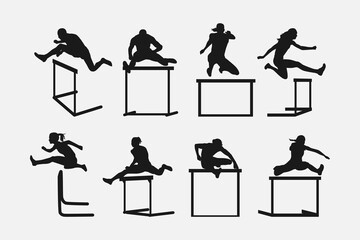 hurdler silhouette collection set. sport, running, race concept. different actions, poses. vector illustration.