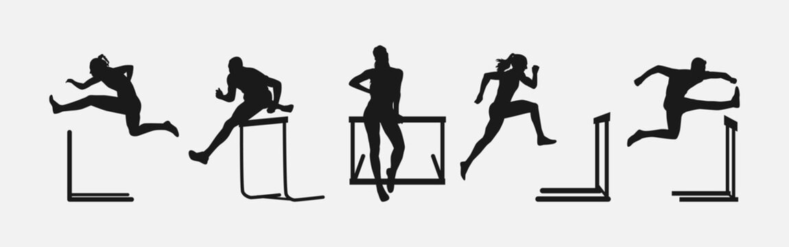 hurdler silhouette collection set. sport, running, race concept. different actions, poses. vector illustration.