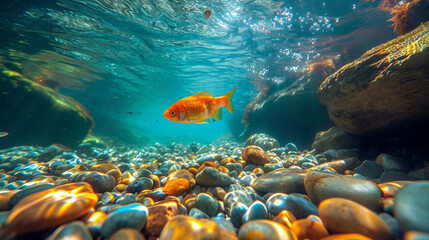 Naklejka na ściany i meble Fish swimming in a ocean, Fish in the sea with clear water