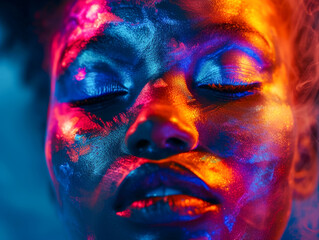 Vivid Neon Painted Face in Ultraviolet Light
