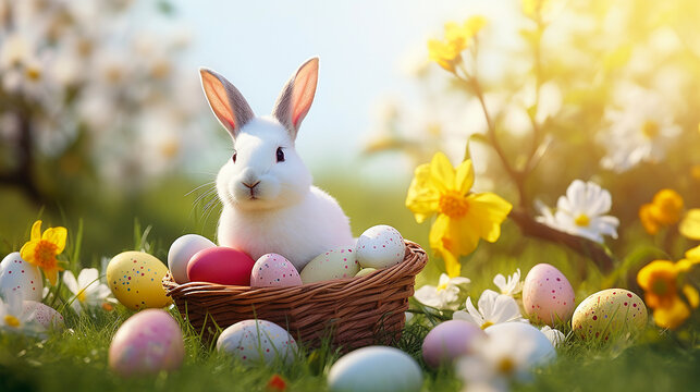 easter bunny and easter eggs in vicker basket on grass and flowers background