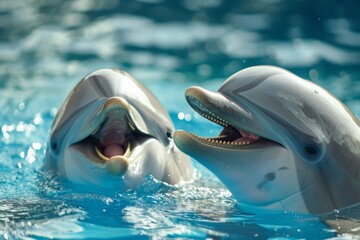 Obraz premium smiling dolphin in blue water, dolphin and human