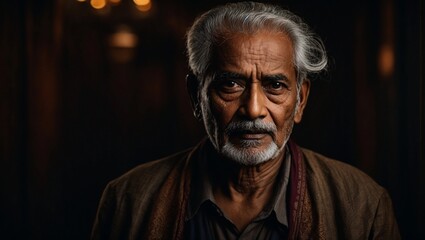 very serious indian old man posing in front of the camera on dark background
