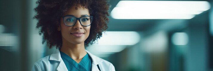 Confident African-American Female Doctor with Stethoscope in Hospital Portrait. - Powered by Adobe