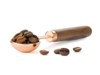 Coffee beans in spoon isolated on white background. Coffee concept.