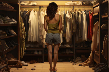 illustration of a young woman standing in front of a closet with clothes and shoes. Created with Generative AI