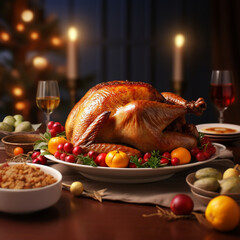 Baked Thanksgiving turkey standing on the holiday table created with Generative Ai
