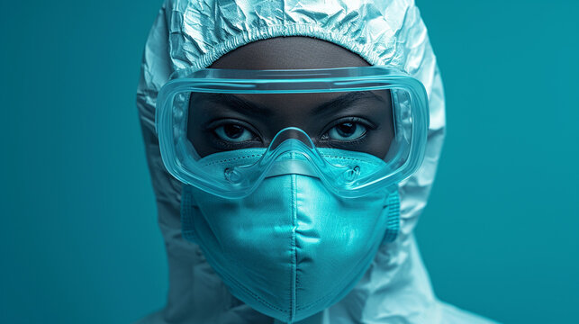 Portrait of African female infectious disease specialist in protective mask, blue background