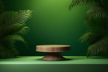 3D Realistic Wooden and Green Stone Podium with Tropical Palm Leaf Decoration, Product Display Mockup