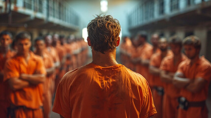 a gang of prisoners in uniform, in a prison - obrazy, fototapety, plakaty