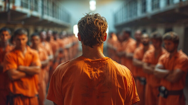 a gang of prisoners in uniform, in a prison