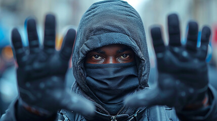 The masked criminal held out his hands as a sign of surrender - obrazy, fototapety, plakaty