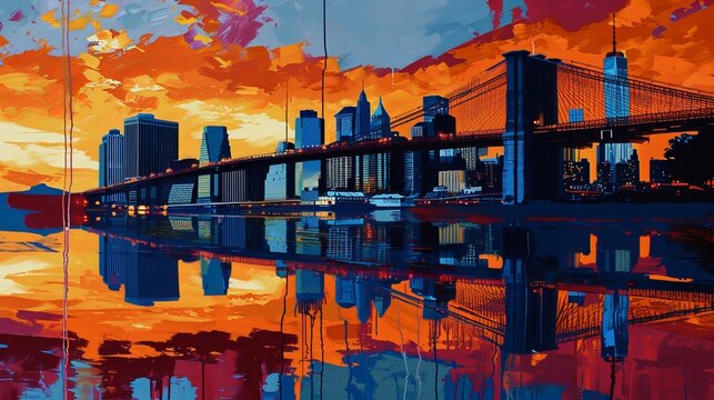 brooklyn bridge painting, thick knife style, peter holme iii, silhouette lighting, contemporary turkish art