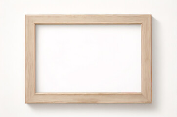 Marco vertical rectangular fino de madera clara colgado en una pared con textura blanca, plano, vista superior, ilustraci&oacute;n 3D.
