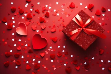 Red gift box on a red table with confetti in the form of hearts. Celebrating Valentine's Day, wedding, anniversary or birthday, love, flat layout, top view, with copy space,