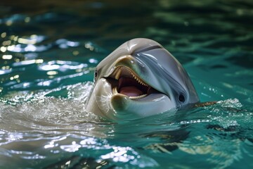 smiling dolphin in blue water, dolphin and human