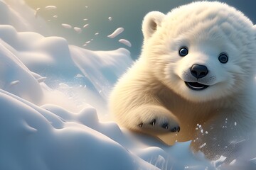 A cute baby polar bear cub snowboarding down a slope. Generative AI.