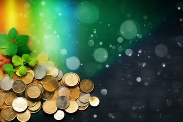 Scattered handful of coins against a rainbow and blurry dark background. St. Patrick's Day celebration, luck and fortune concept, copy space
