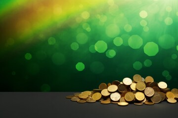 Coins on a dark table against a rainbow and blurred green background. St. Patrick's Day celebration, luck and fortune concept, copy space
