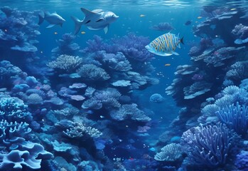 Obraz premium Blue fish swim deep in abstract reef generated