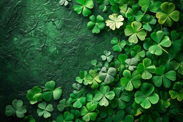 Ornament of clover leaves on a dark green background. St. Patrick's Day celebration, luck and fortune concept, copy space
