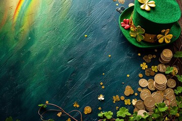 Green leprechaun top hat with clover leaves and gold coins on a rainbow background. St. Patrick's Day celebration, good luck and fortune concept, copy space
