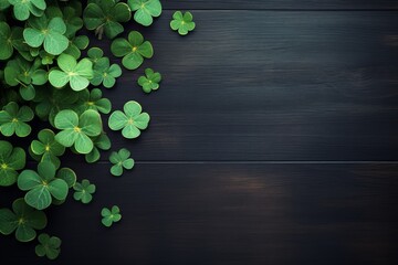Clover leaves lying beautifully on a dark background. St. Patrick's Day celebration, luck and fortune concept, copy space
