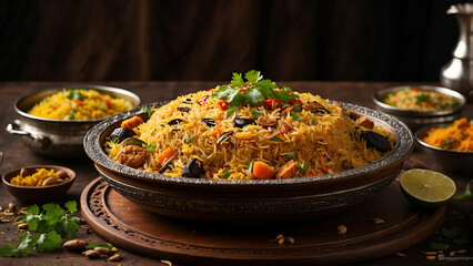 picture of a wooden table adorned with a steaming plate of veg biryani the intricate details of the traditional plate, and the layers of fragrant rice and vegetables
