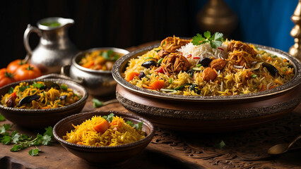 picture of a wooden table adorned with a steaming plate of veg biryani the intricate details of the traditional plate, and the layers of fragrant rice and vegetables